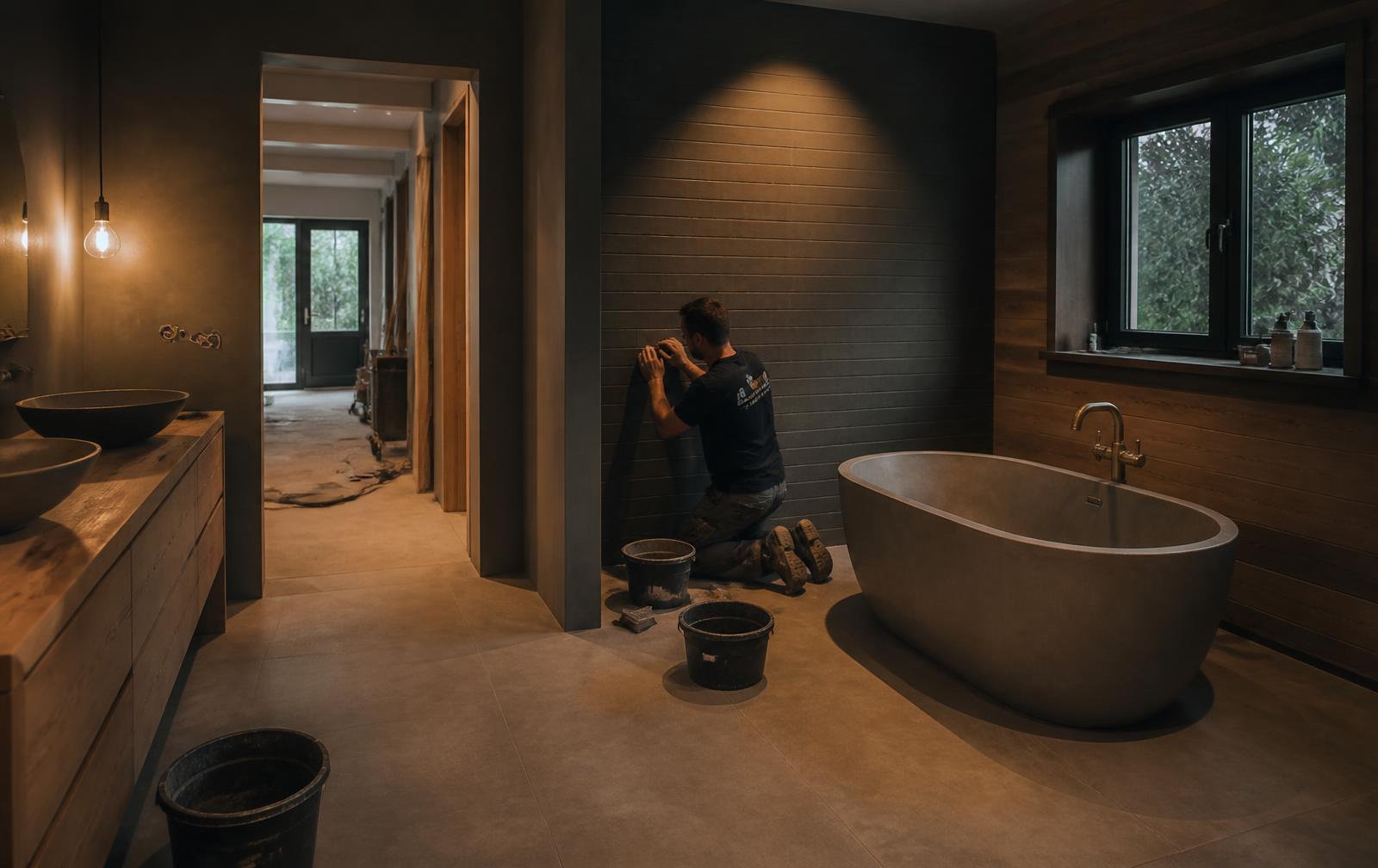 Vakman van Fundix Bouw aan het werk in een gerenoveerde badkamer